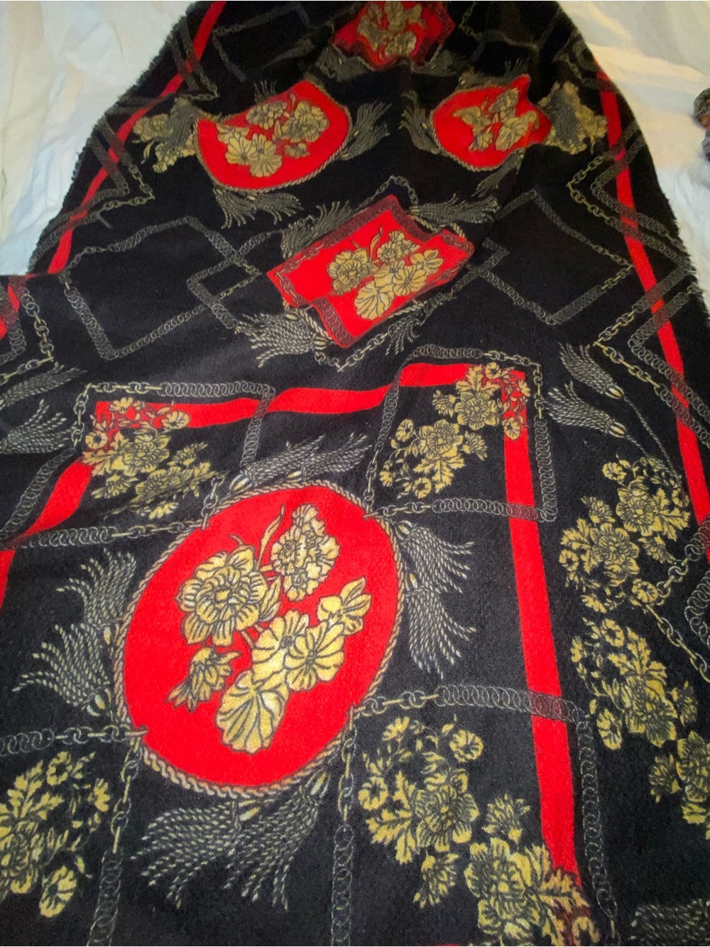 Black Floral Pattern scarf with Red and Gold Accents long